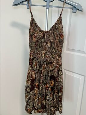 Angie Boho Batik Floral Smocked Mini Dress Earthy Tones Size L